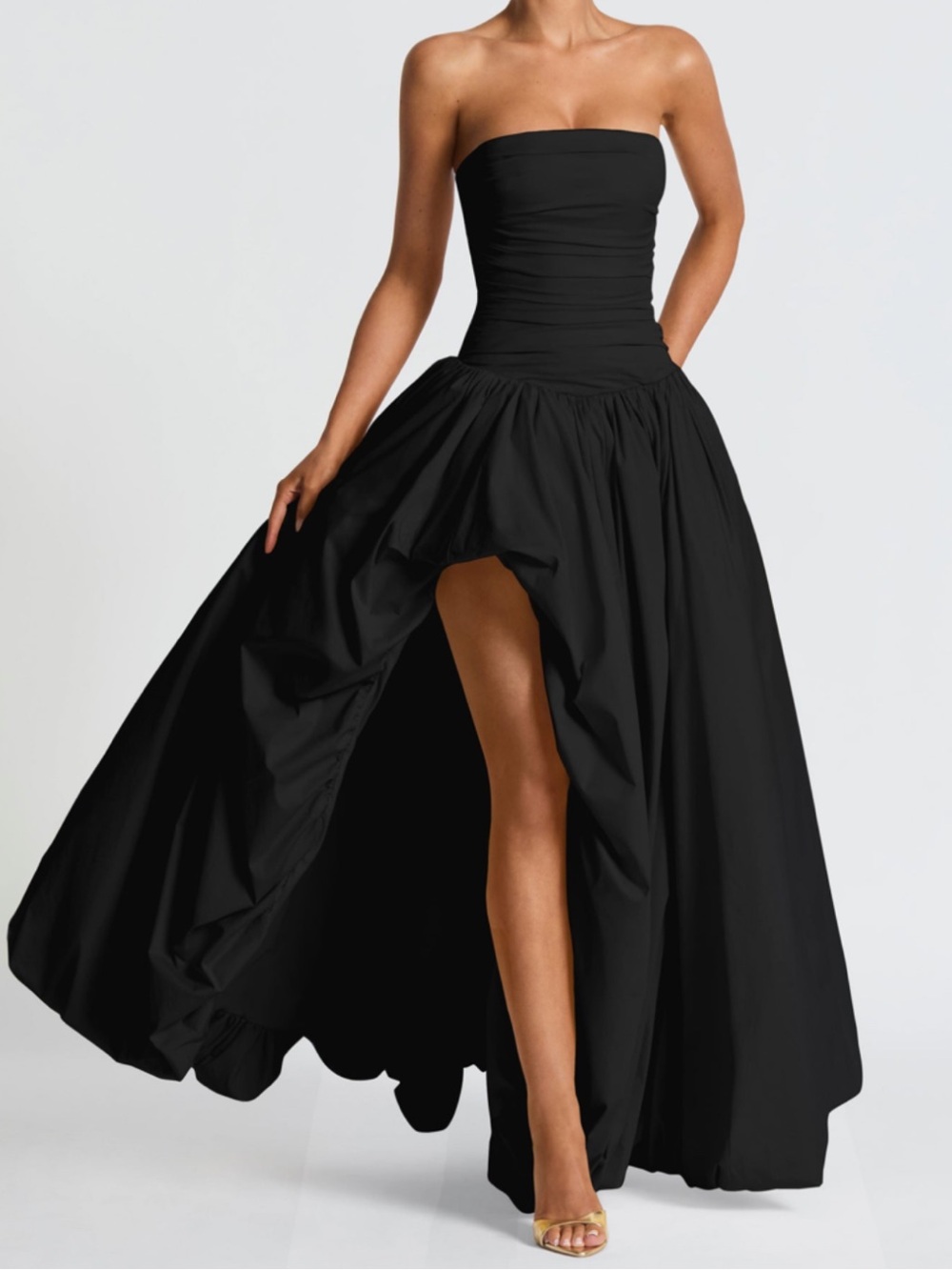 BabyBoo Jillian Puffy Slit Bubble Hem Strapless Maxi Dress in Black size medium